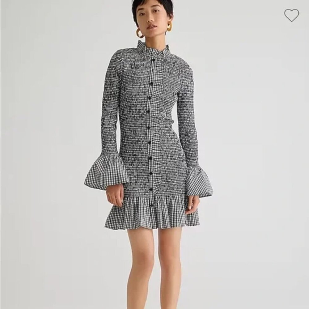 J. Crew Black and White Tweed Gingham Ruffle Mini Dress